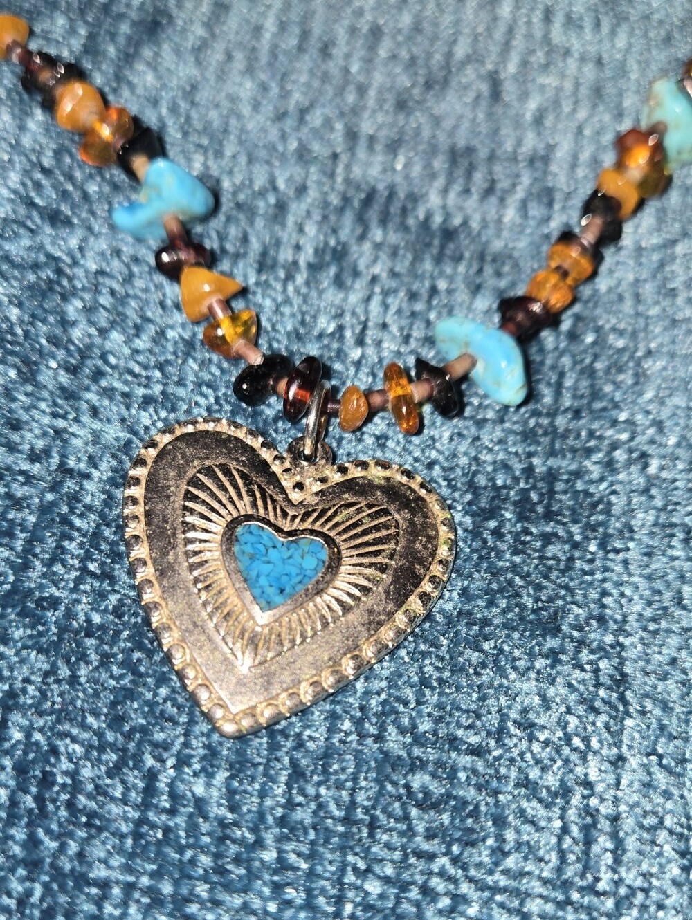 Turquoise Heart Pendant Necklace Sterling Silver with Amber Bead Accents 26 inch
